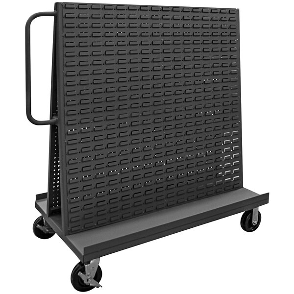 A black metal Durham A-frame maintenance cart with pegboard and louvered panels on the sides.