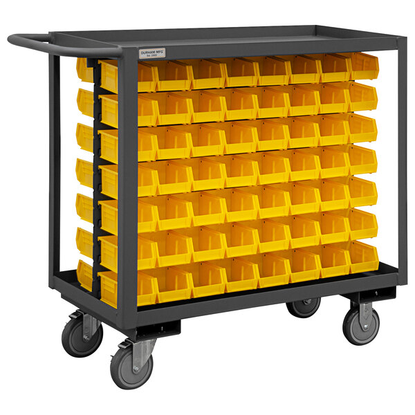A yellow Durham Maintenance Cart with yellow bins on it.