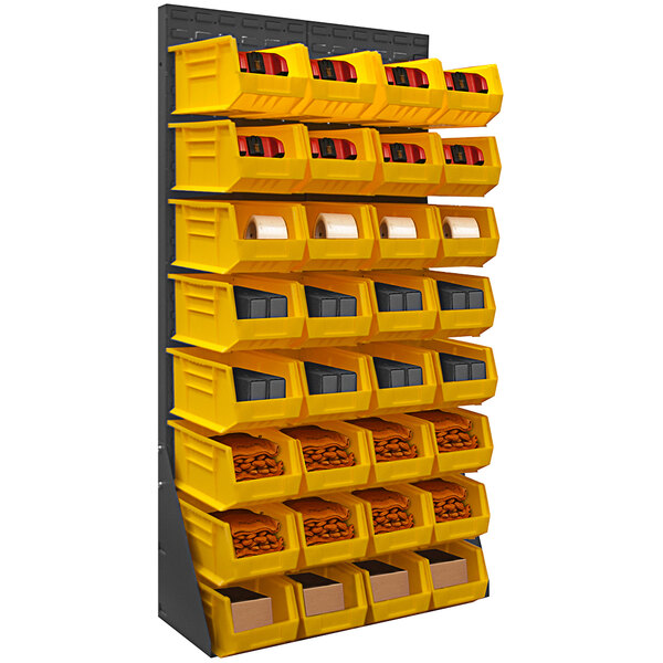 A gray steel Durham single-sided louvered rack with yellow bins holding various items.