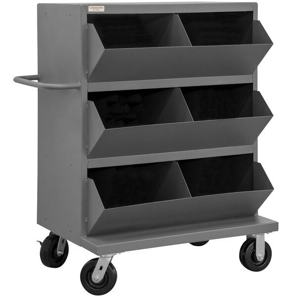 A gray Durham stock cart with 6 black bins.