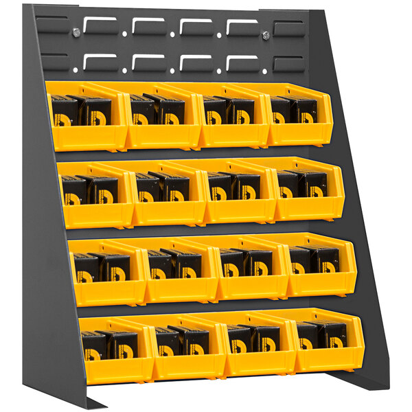 A Durham single-sided louvered rack with yellow bins.