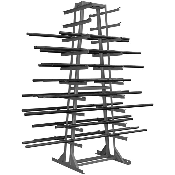 A Durham horizontal bar storage rack holding metal rods.