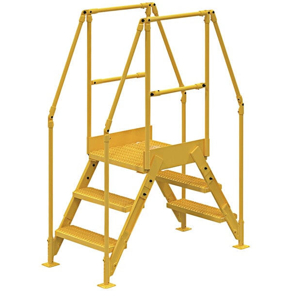 A yellow metal Vestil crossover ladder with steps.