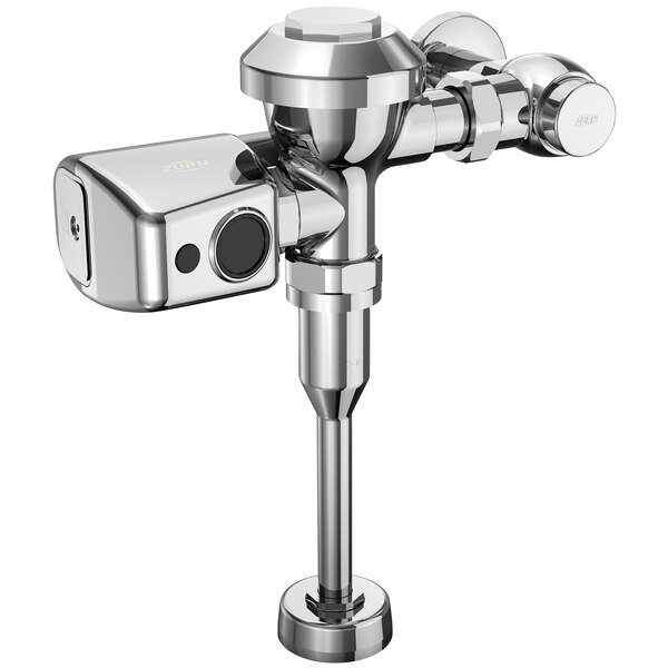 A Zurn stainless steel automatic water closet flush valve with a white background.