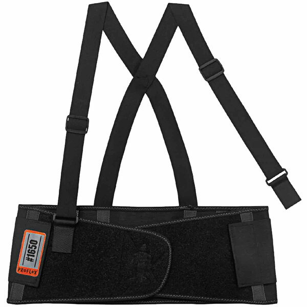 A black back support belt with orange and black straps.