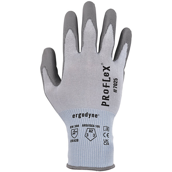 A close-up of an Ergodyne ProFlex cut resistant glove with a white and grey design and the word Protex on the palm.