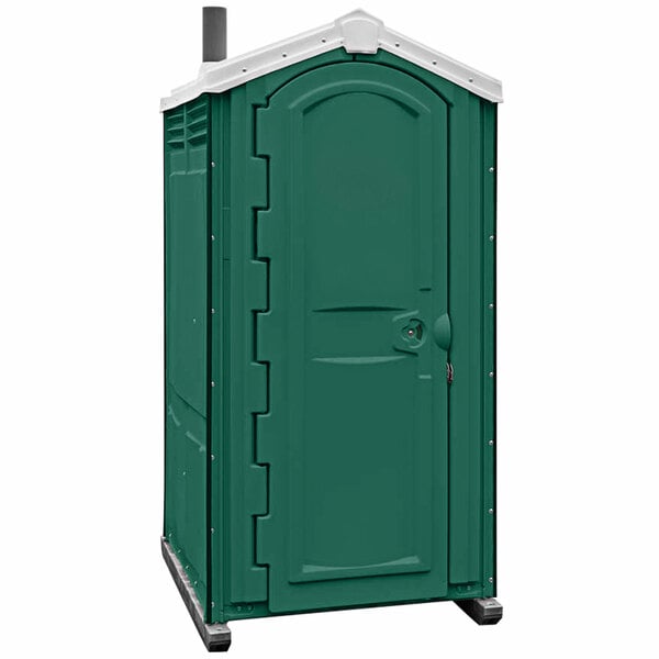 A forest green and white Satellite Global II portable restroom.