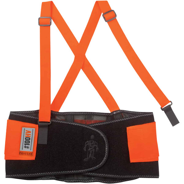 An orange and black Ergodyne ProFlex back support brace with adjustable straps.