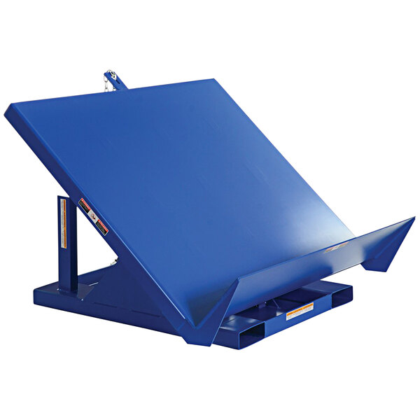 A blue metal Vestil tilt table with a white background.