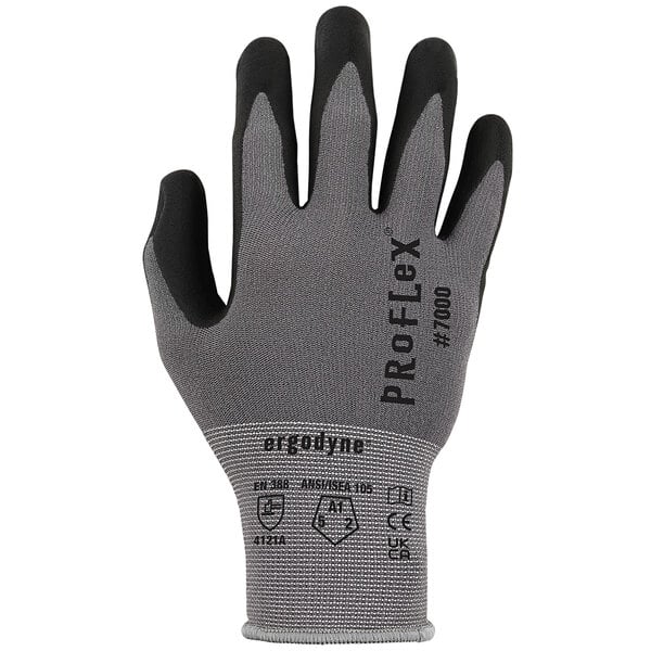 A close-up of a medium-sized Ergodyne ProFlex warehouse glove with gray and black trim.