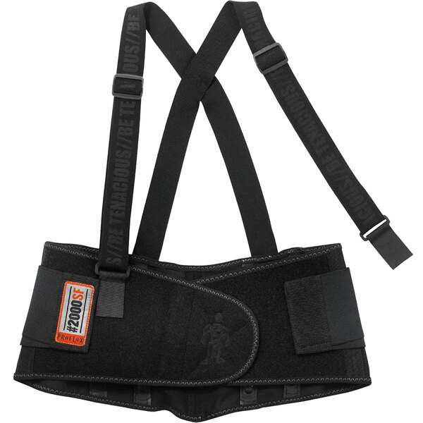 A black back support belt with orange straps.