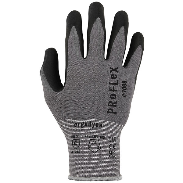 A close-up of a grey and black Ergodyne ProFlex warehouse glove.