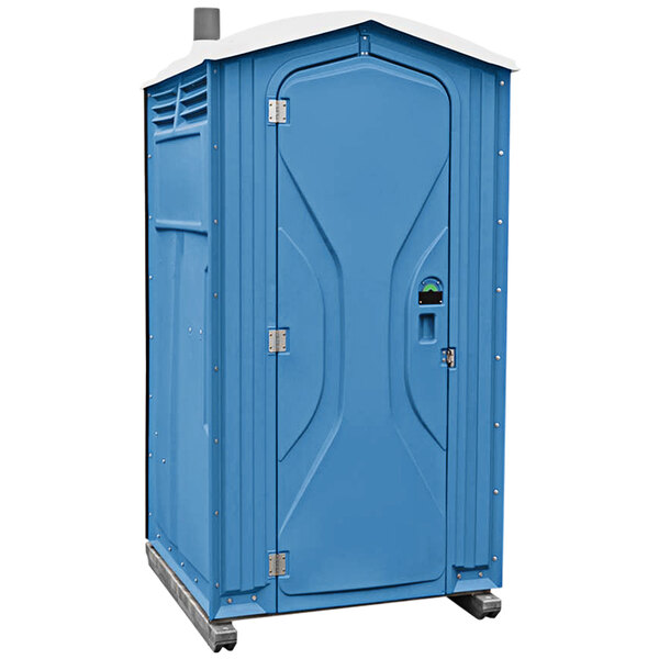 A Satellite Tufway blue portable restroom on wheels with a blue door.