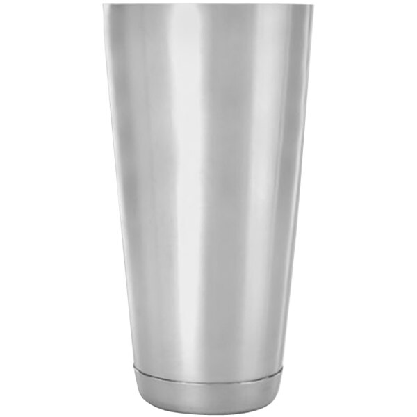 A silver stainless steel Barfly cocktail shaker with a lid.