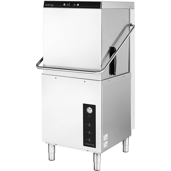 A white rectangular Centerline by Hobart electric dishwasher with a black handle.