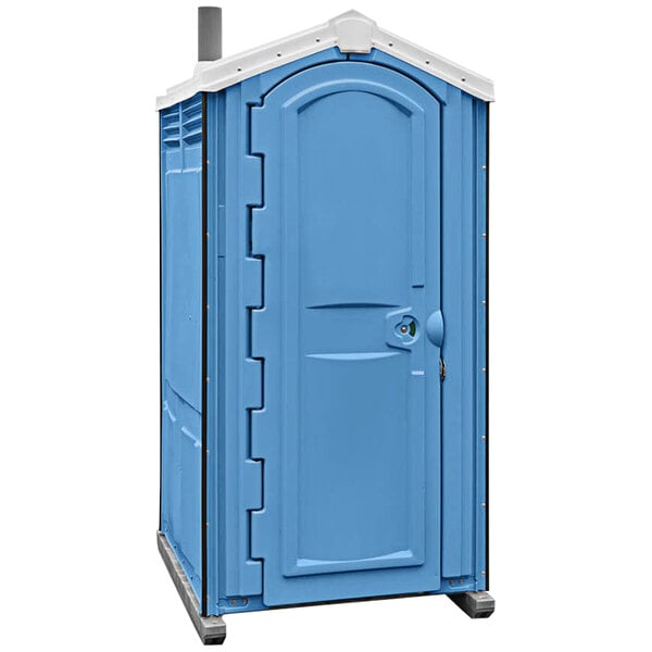 A Satellite Global II Royal Blue portable restroom with a blue door.