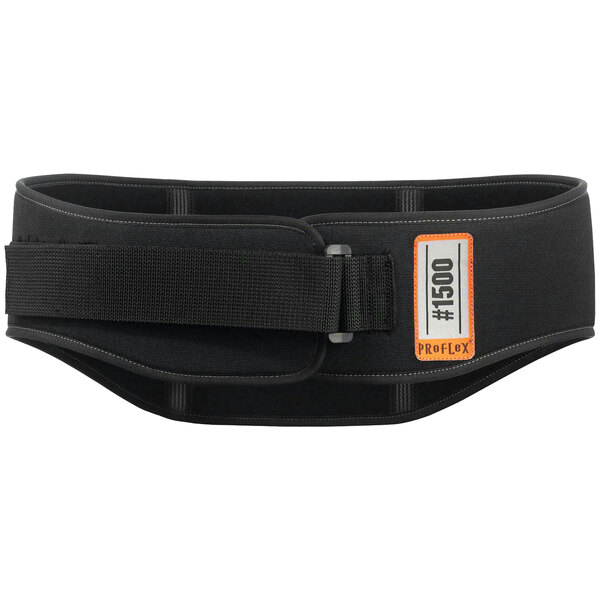 A black Ergodyne ProFlex back support belt with red and orange tags.
