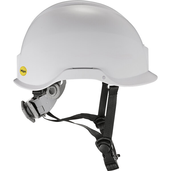 A white Ergodyne Skullerz safety helmet with a strap.