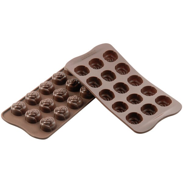 A Silikomart Rose Brown silicone chocolate mold with 15 holes shaped like roses.