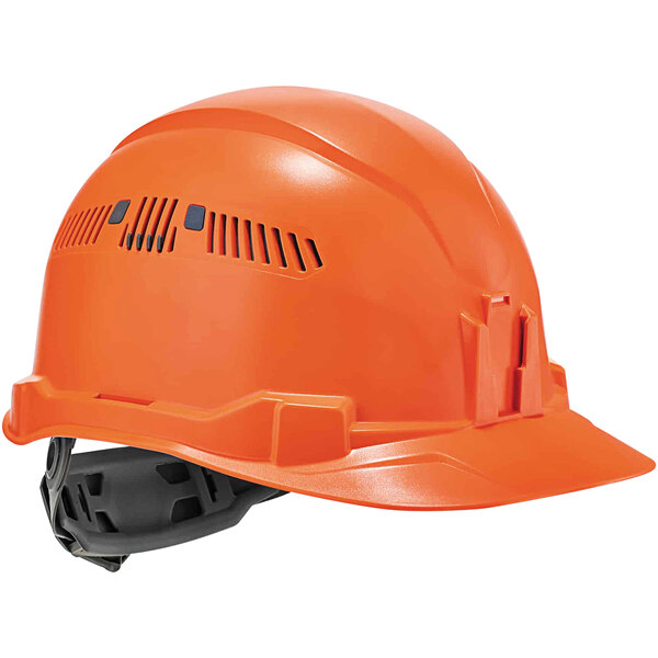 An orange Ergodyne Skullerz hard hat with black straps.