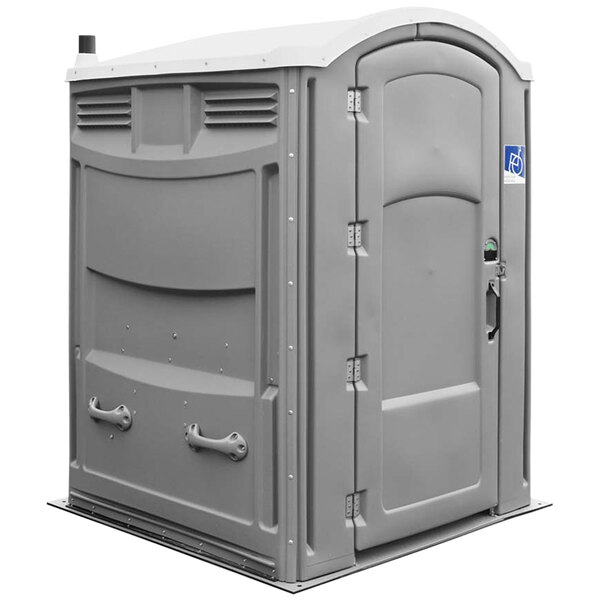 A grey Satellite Liberty wheelchair accessible portable restroom with the door open.