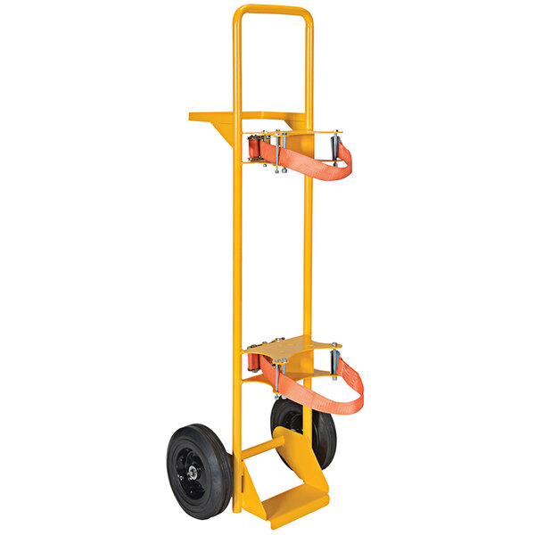 A yellow hand truck with two wheels.