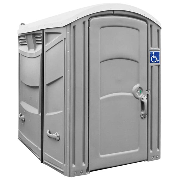 A grey Satellite portable restroom with an open door.
