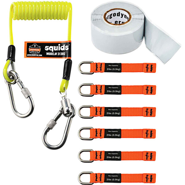 An Ergodyne Squids tool tethering kit with orange straps and a yellow lanyard.