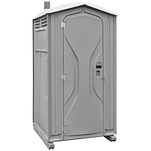 A Satellite Tufway grey portable toilet with a door.