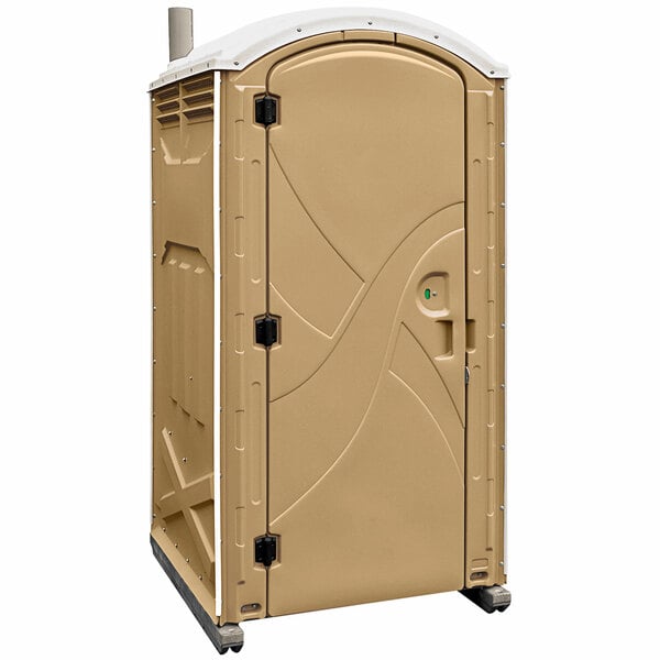 A tan Satellite Axxis portable restroom with an open door.