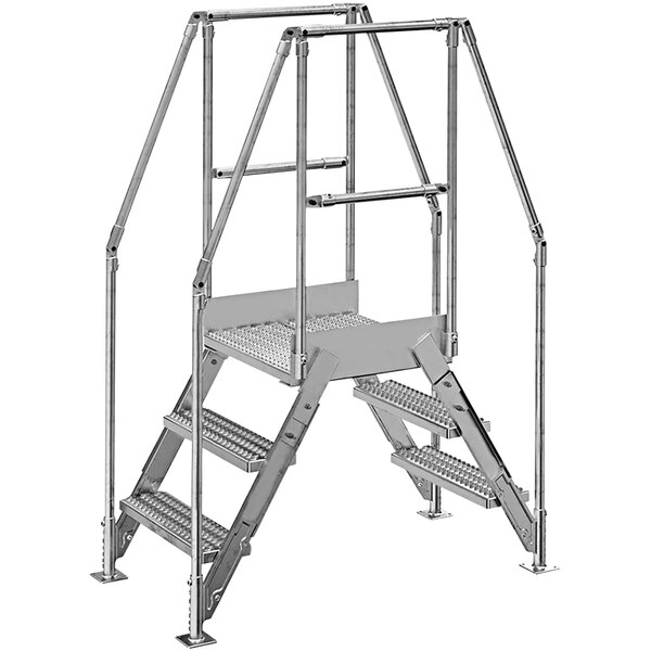 A Vestil galvanized steel crossover ladder with 3 steps and metal bars.