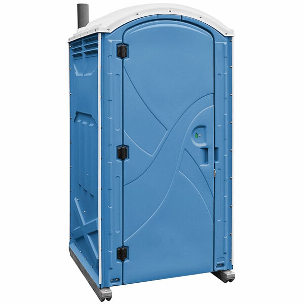 A blue plastic Satellite portable toilet with white accents.