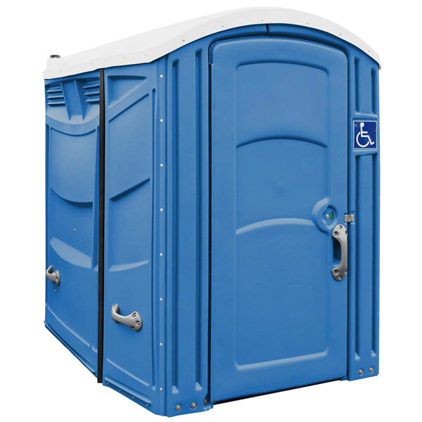 A Satellite Freedom Royal Blue portable toilet with a blue door.