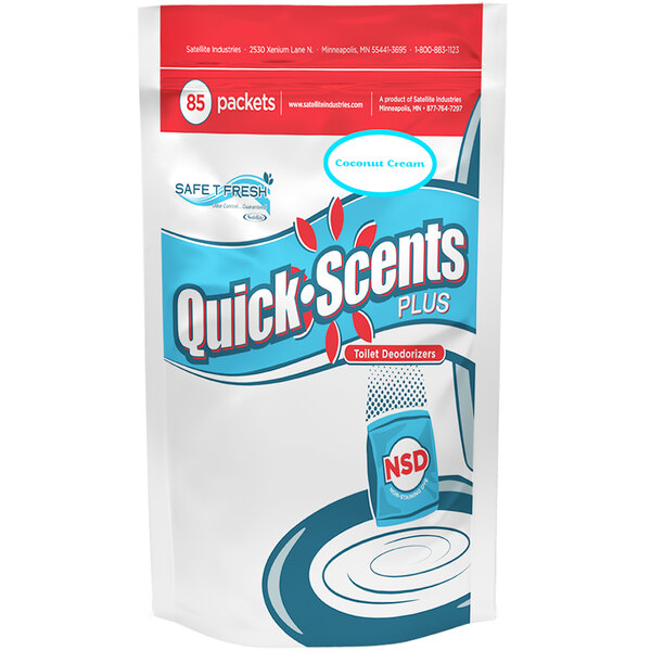 A Satellite QuickScents Plus packet for portable restrooms with a white and blue package and red text.