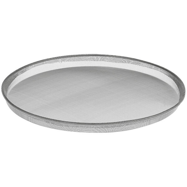 A close-up of a stainless steel mesh sieve replacement insert with a silver rim.