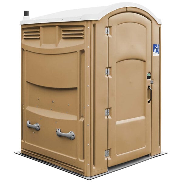 A brown Satellite Liberty wheelchair accessible portable restroom with handles.