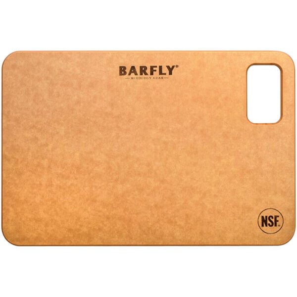 A brown rectangular Barfly bar board with a black logo.