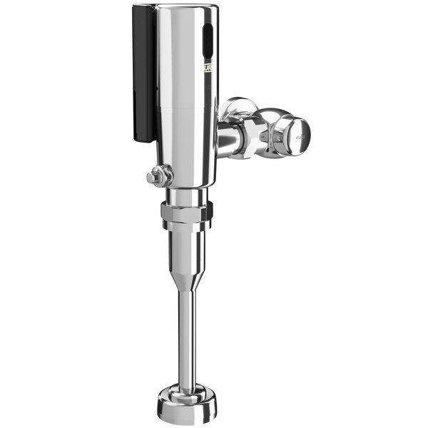 A Zurn stainless steel urinal flush valve with a white battery-powered sensor.