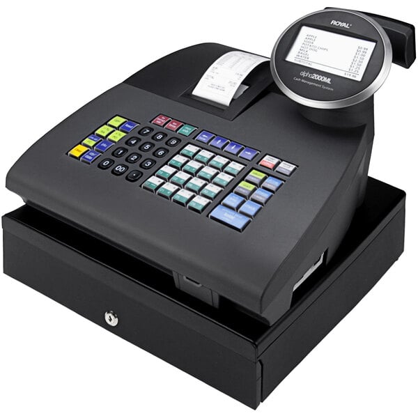 A black Royal Alpha cash register on a counter with a keyboard on top.