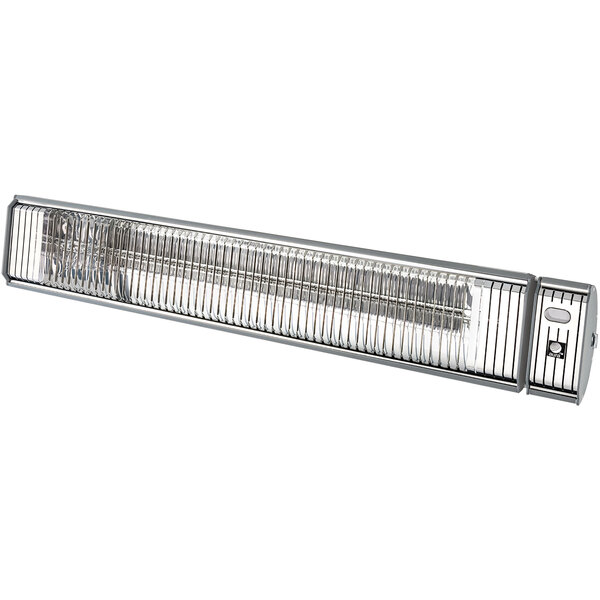 An Aura stainless steel electric infrared heater with a glass cover.