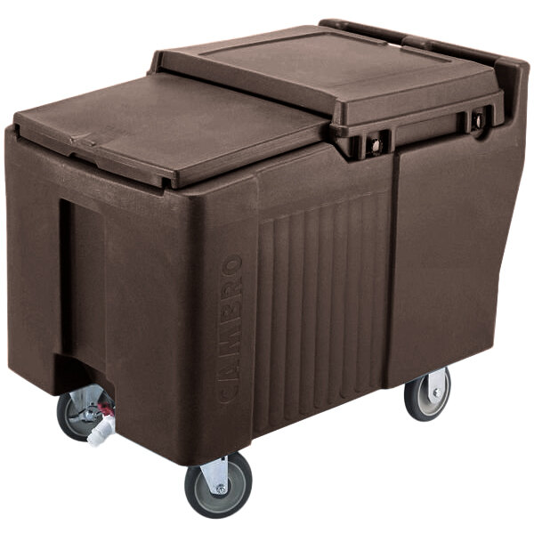 A dark brown plastic container with wheels and a sliding lid.