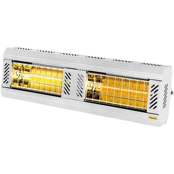 A close-up of a Solaira white electric infrared heater with two yellow lights.