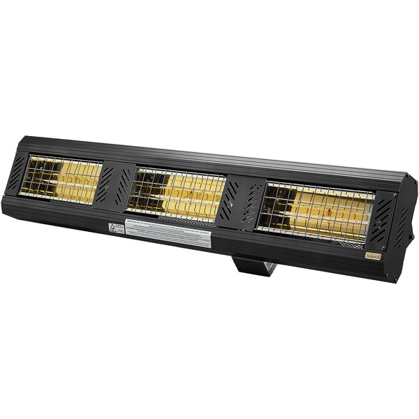 A black Solaira electric infrared heater with three yellow lights.