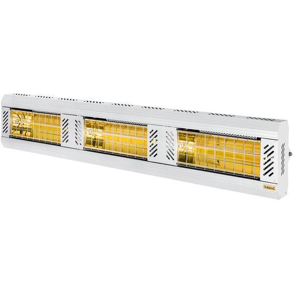 A white rectangular Solaira electric infrared heater with yellow lights.