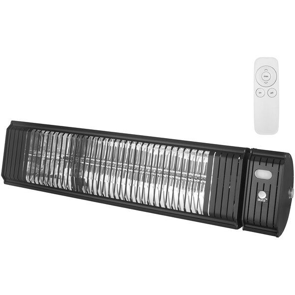 An Aura carbon black aluminum infrared heater with a white remote control.