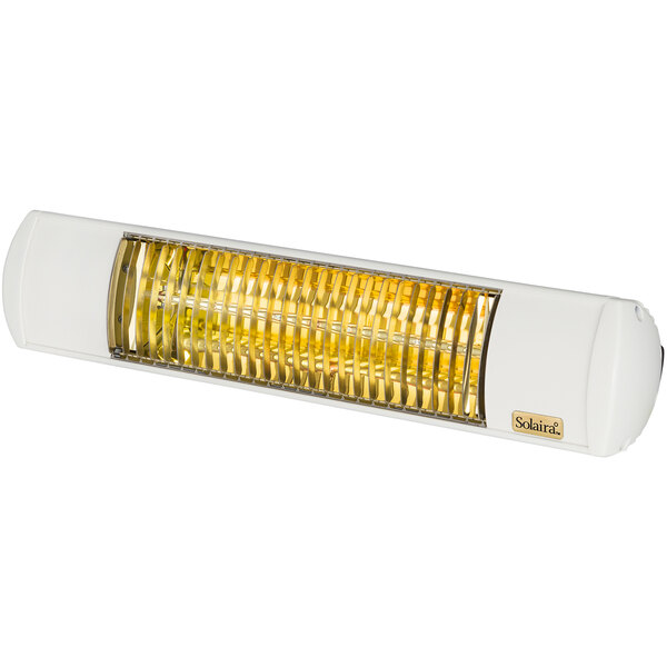 A white rectangular Solaira electric infrared heater with a yellow light inside.