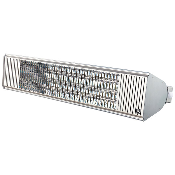 A stainless steel Aura Carbon Infrared Heater with a light on it.