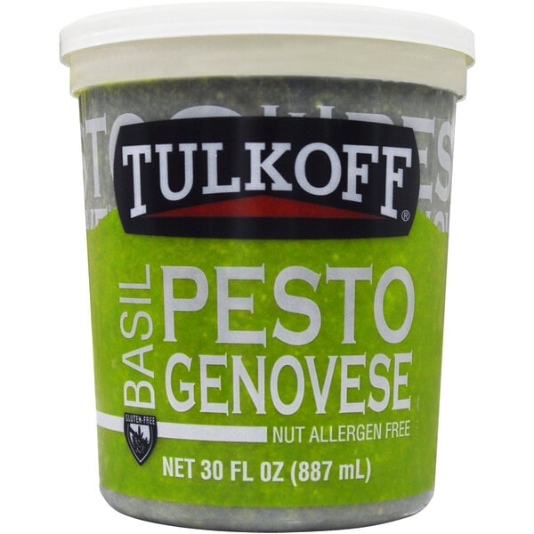 A case of Tulkoff Basil Pesto Genovese sauce on a counter.