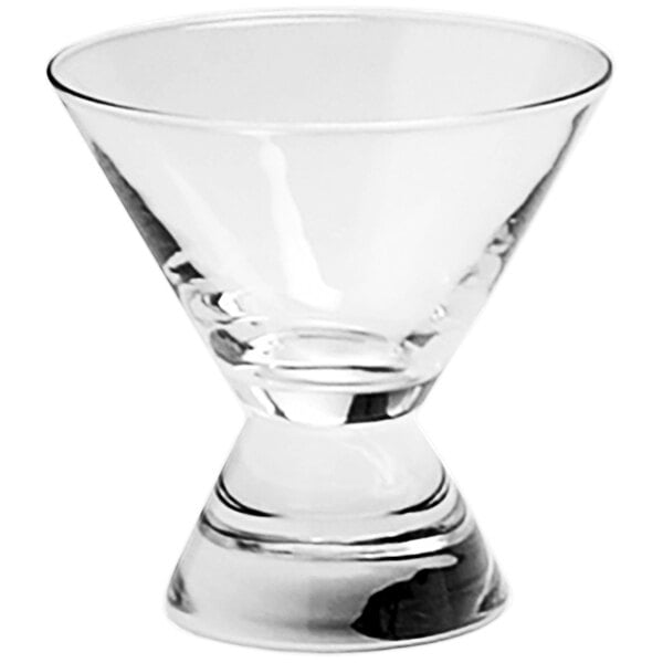 A close-up of a clear glass Fortessa After Hours Martini Glass with a stem and small base.