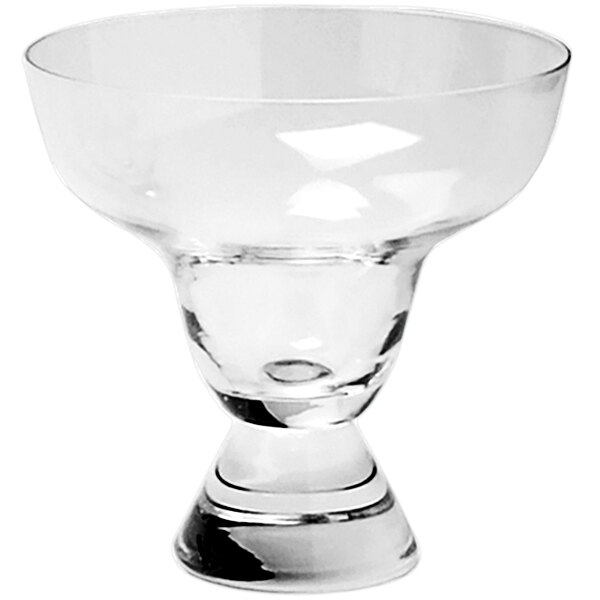 A close-up of a Fortessa margarita glass with a clear bowl and a small base.